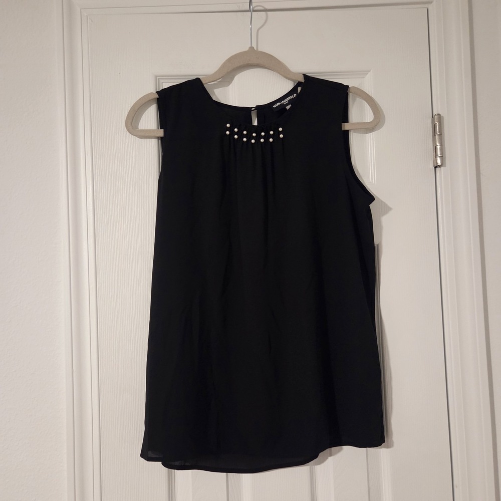 Karl Lagerfeld Paris Beaded Sleeveless Chiffon Blouse Black S LBN49517